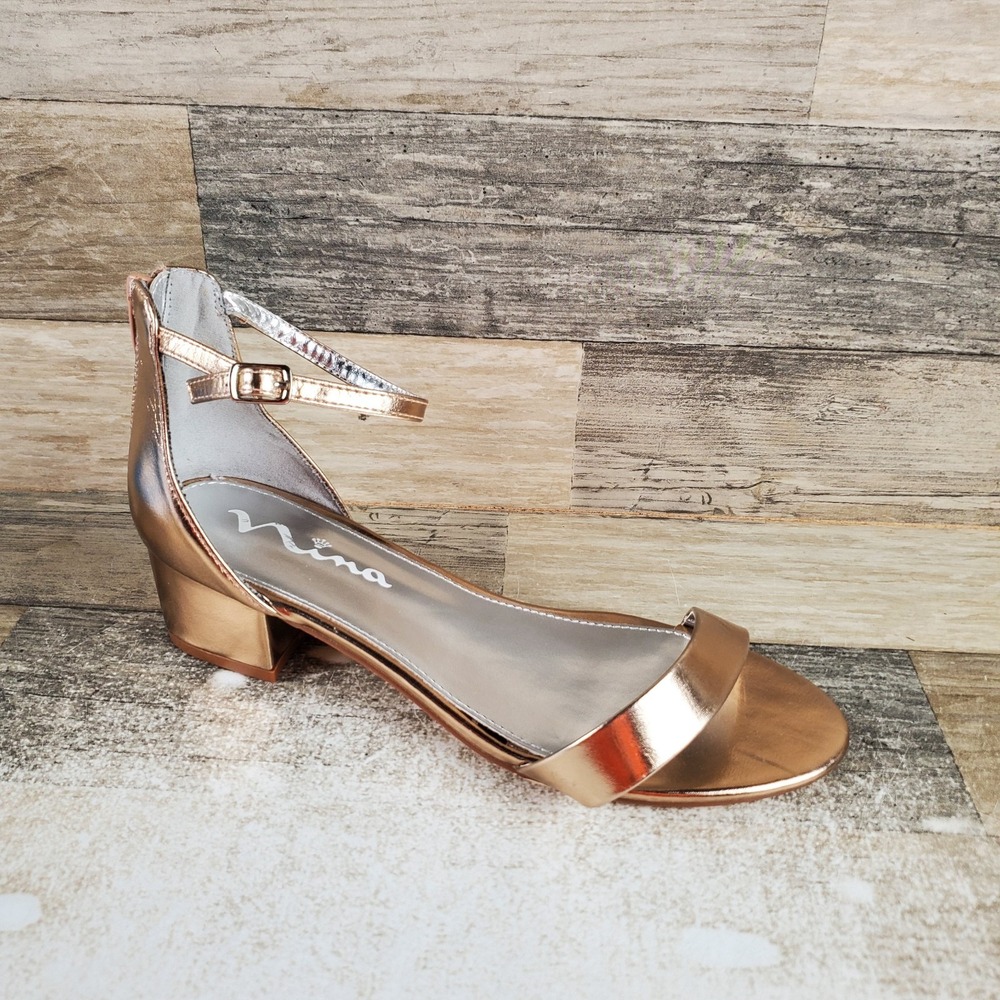 Nina Hidi Girls Dress Sandals Sz 6 M Gold Back Zipper Ankle Strap Block Heel